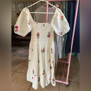 Smocked Floral Embroidered Cream Dress